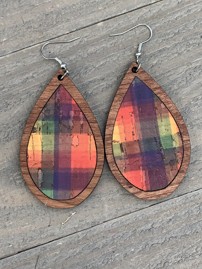 Rainbow Plaid Cork and Wood Teardrop Earrings - Jill's Jewels | Unique, Handcrafted, Trendy, And Fun Jewelry