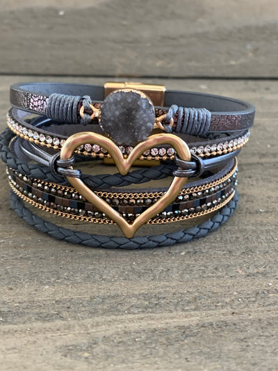 Grey and Gold Druzy Heart Leather Magnetic Bracelet