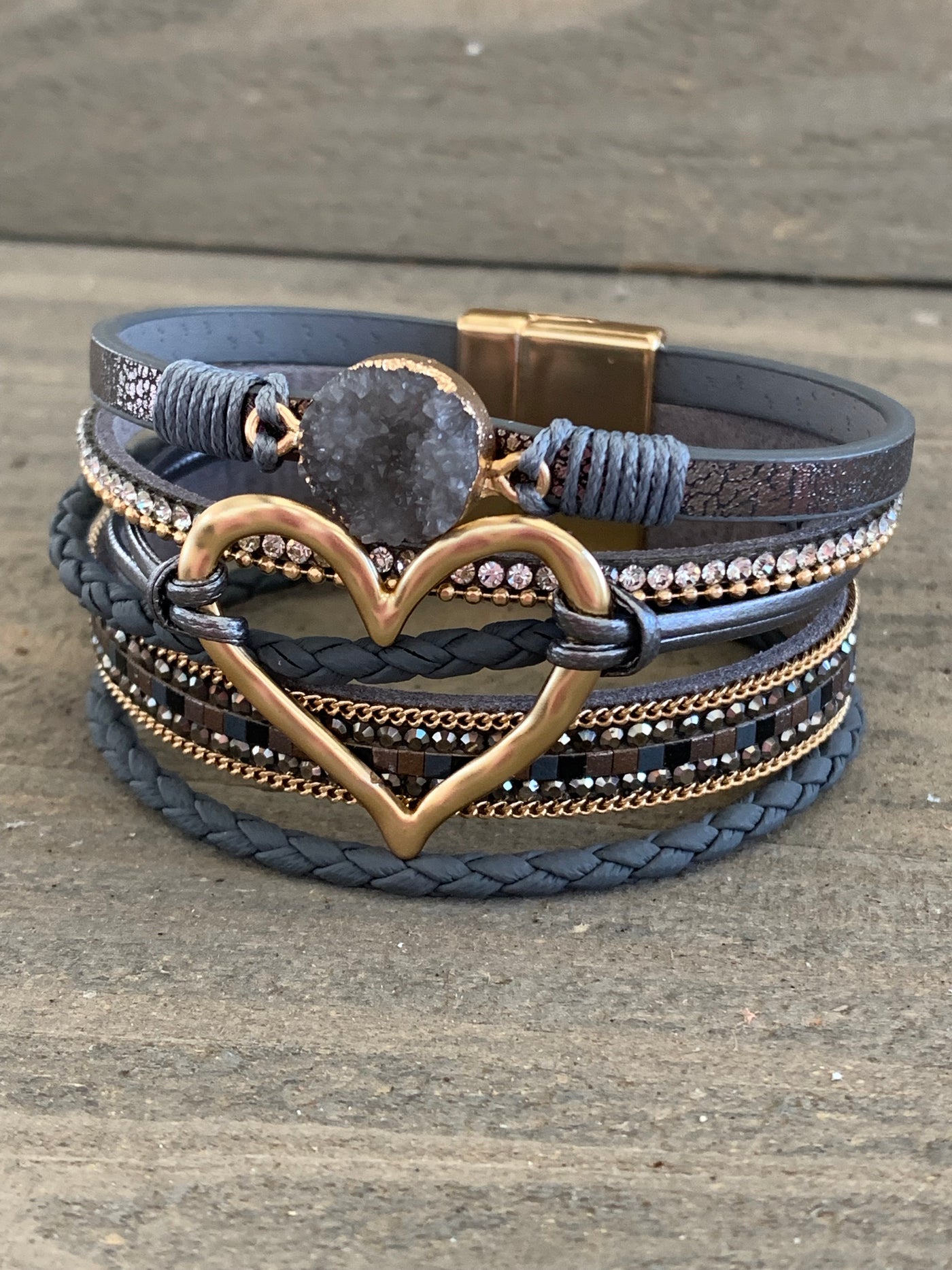 Grey and Gold Druzy Heart Leather Magnetic Bracelet