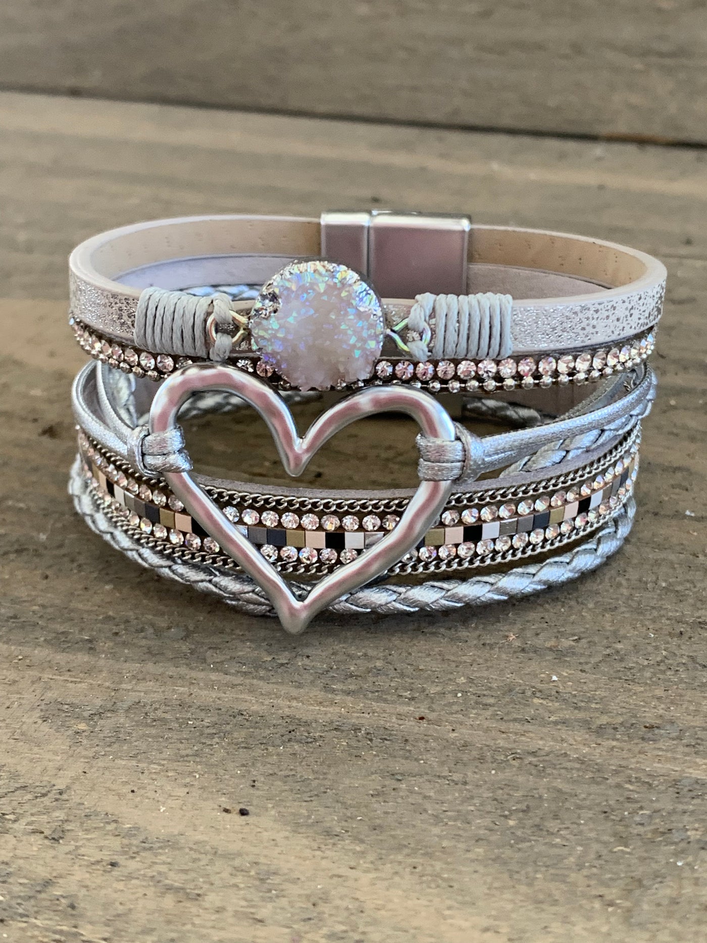 Light Grey and Tan Druzy Heart Leather Magnetic Bracelet
