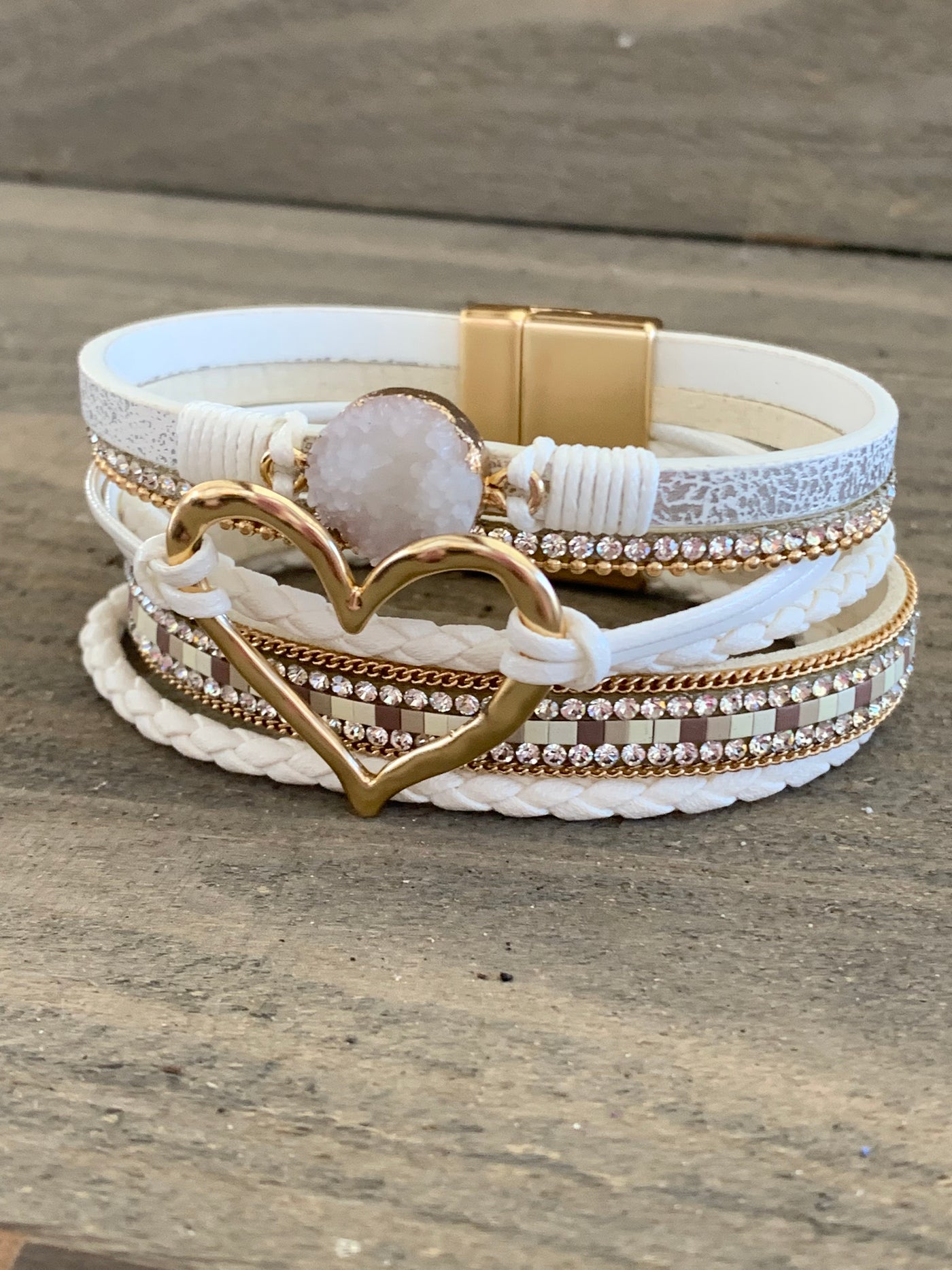 White and Gold Druzy Heart Leather Magnetic Bracelet
