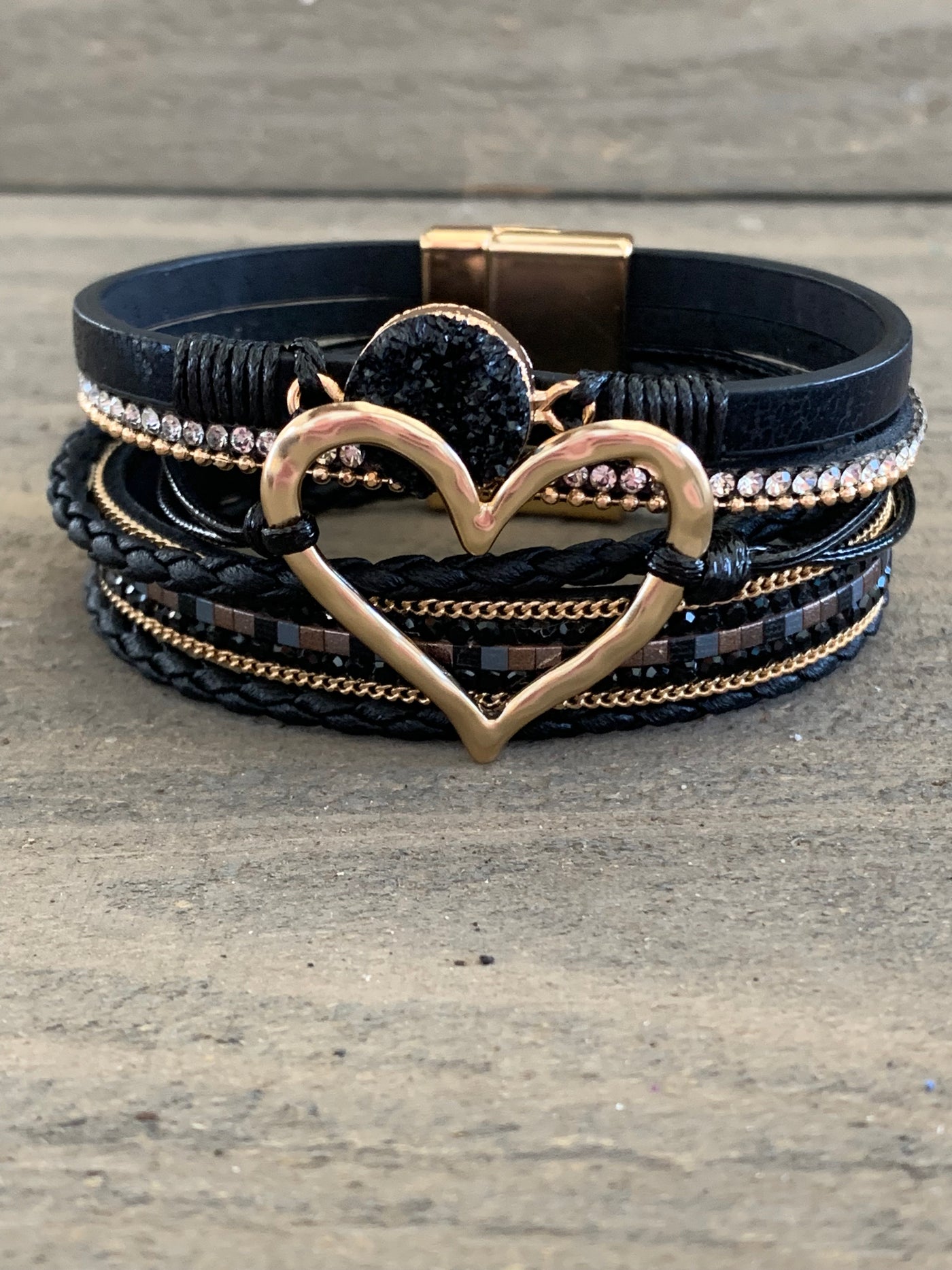 Black and Gold Druzy Heart Leather Magnetic Bracelet
