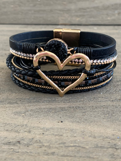 Black and Gold Druzy Heart Leather Magnetic Bracelet