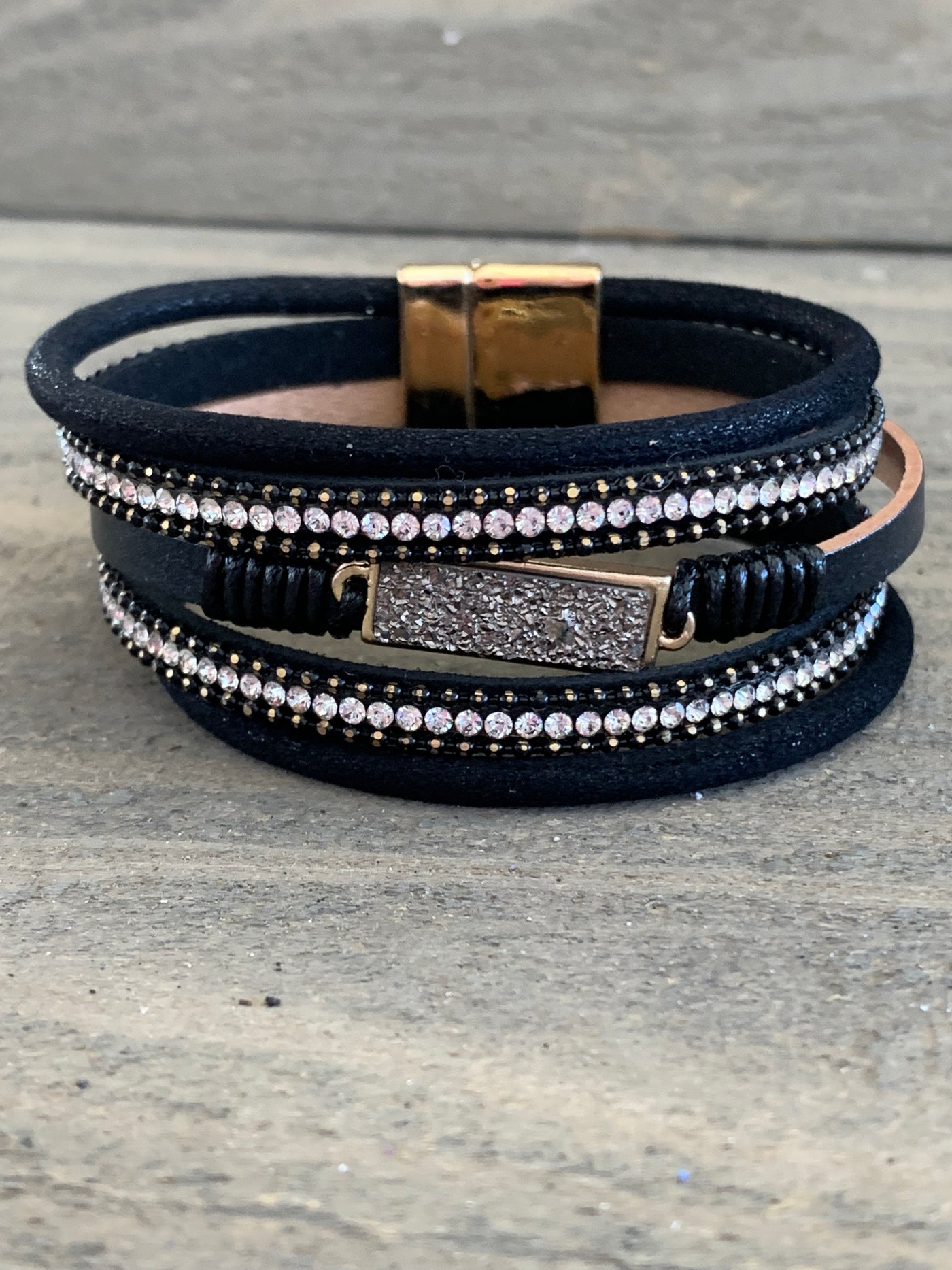 Black and Gold Rhinestone Leather Magnetic Bracelet