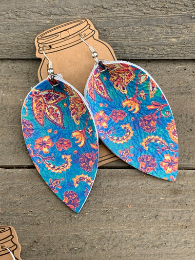 Blue Rainbow Paisley Leather Earrings - Jill's Jewels | Unique, Handcrafted, Trendy, And Fun Jewelry