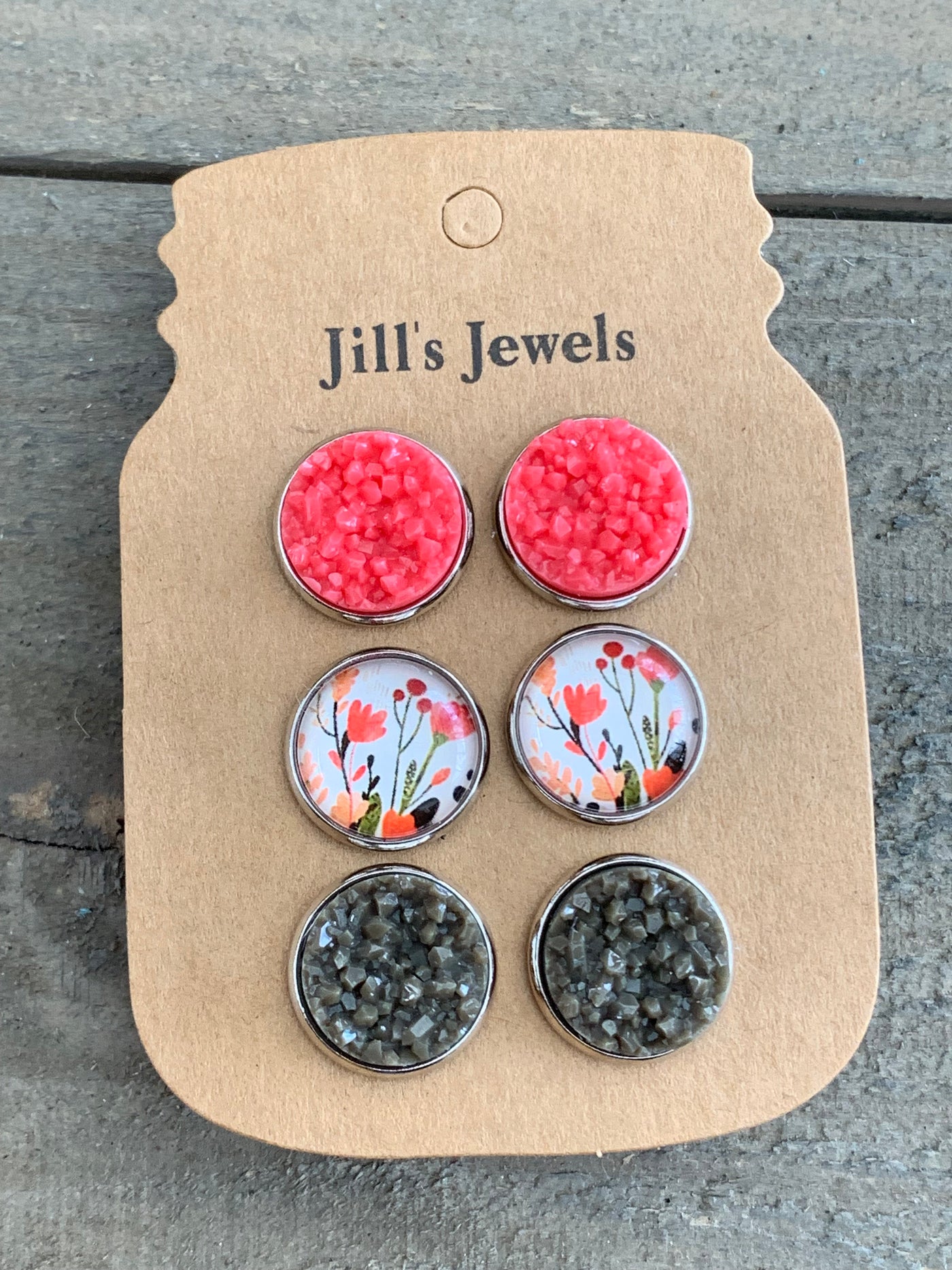 Army Green and Coral Floral Faux Druzy Earring 3 Set - Jill's Jewels | Unique, Handcrafted, Trendy, And Fun Jewelry