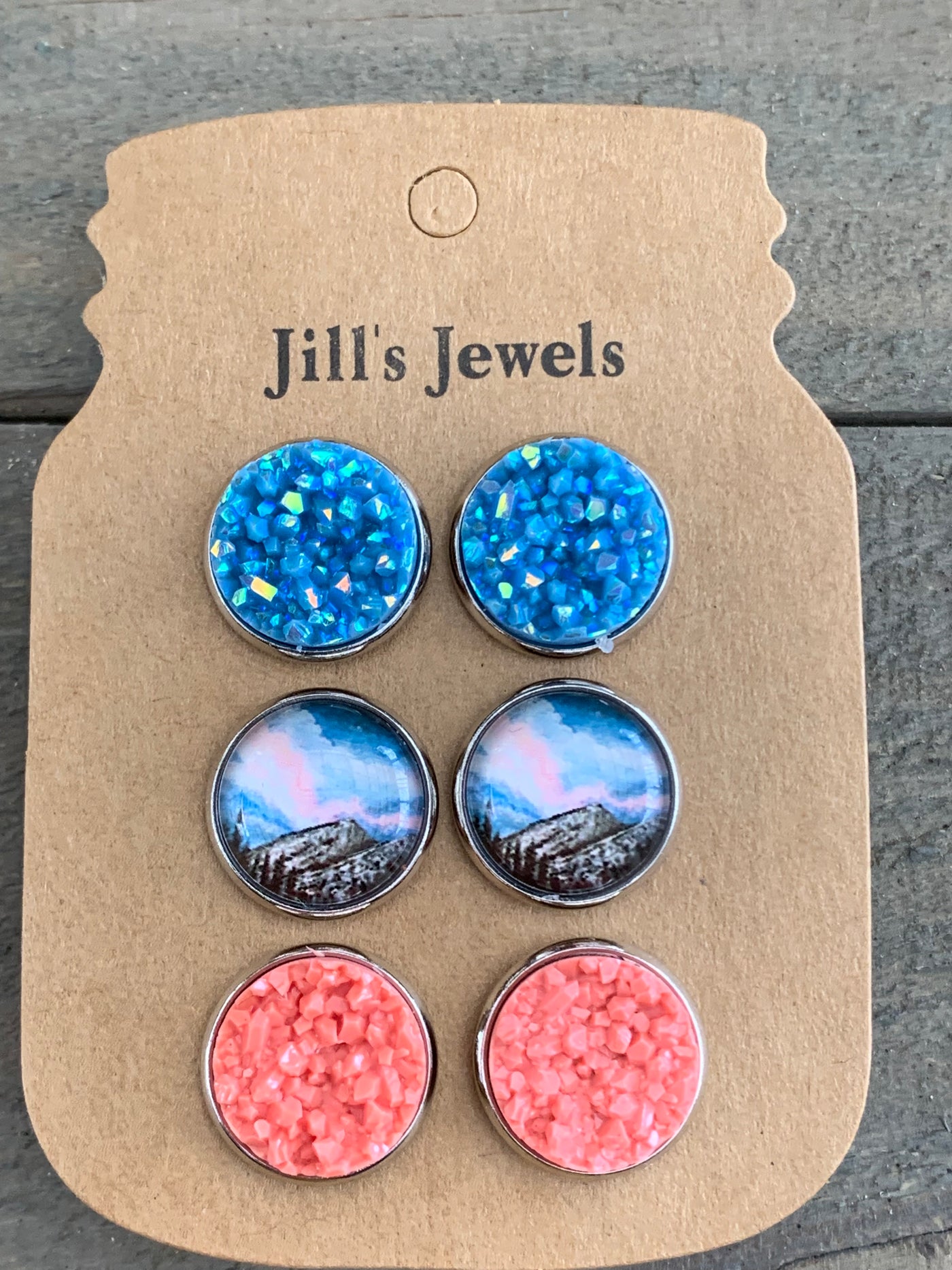 Blue and Coral Mountain Sunset Faux Druzy Earring 3 Set - Jill's Jewels | Unique, Handcrafted, Trendy, And Fun Jewelry
