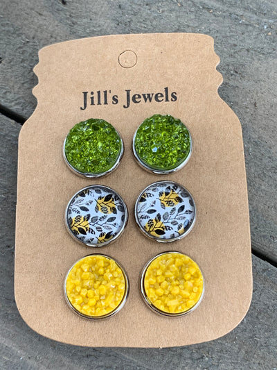 Green and Mustard Floral Faux Druzy Earring 3 Set - Jill's Jewels | Unique, Handcrafted, Trendy, And Fun Jewelry