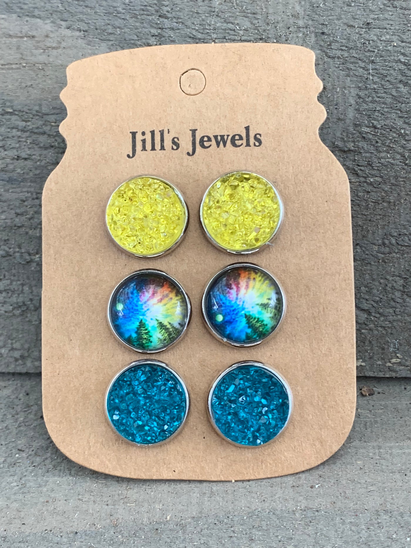 Yellow and Blue Forrest Sky Floral Faux Druzy Earring 3 Set - Jill's Jewels | Unique, Handcrafted, Trendy, And Fun Jewelry