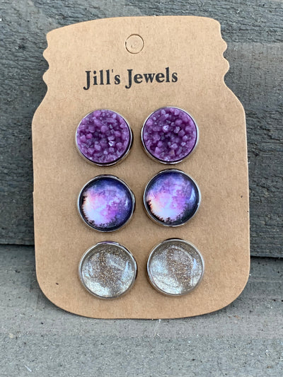 Purple Night Forrest Sky Floral Faux Druzy Earring 3 Set - Jill's Jewels | Unique, Handcrafted, Trendy, And Fun Jewelry