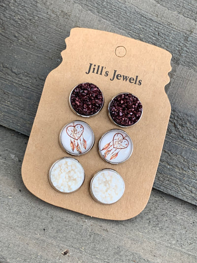 Brown Dream Catcher Heart Faux Druzy Earring 3 Set - Jill's Jewels | Unique, Handcrafted, Trendy, And Fun Jewelry