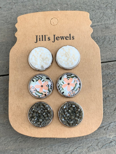 Army Green and Pink Floral Faux Druzy Earring 3 Set - Jill's Jewels | Unique, Handcrafted, Trendy, And Fun Jewelry