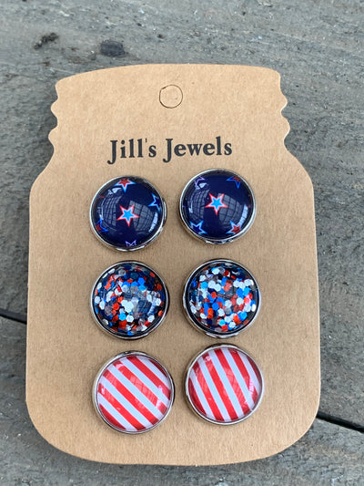 Red White and Blue Stars and Stripes USA Faux Druzy Earring 3 Set - Jill's Jewels | Unique, Handcrafted, Trendy, And Fun Jewelry
