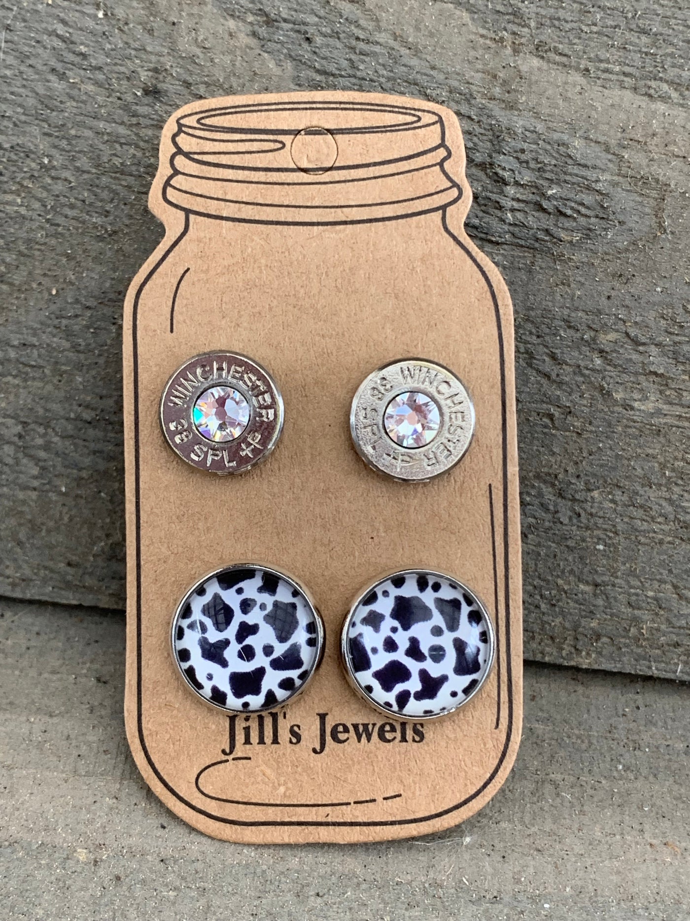 Cow Print Black and White 40 Caliber bullet earring set - Jill's Jewels | Unique, Handcrafted, Trendy, And Fun Jewelry