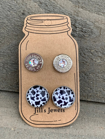 Cow Print Black and White 40 Caliber bullet earring set - Jill's Jewels | Unique, Handcrafted, Trendy, And Fun Jewelry