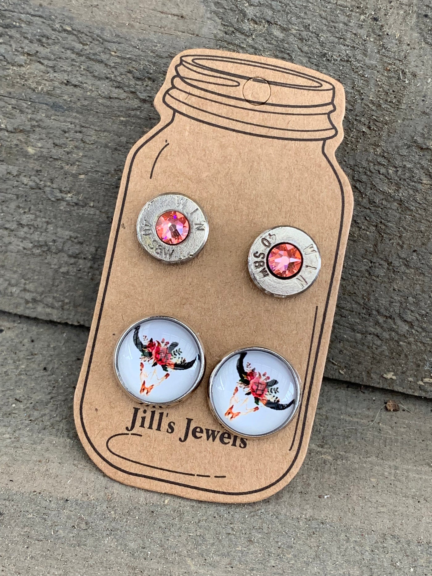 Coral Cow Skull Cowgirl 40 Caliber bullet earring set - Jill's Jewels | Unique, Handcrafted, Trendy, And Fun Jewelry