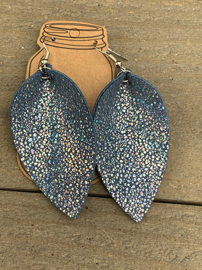 Denim Blue Holographic Sparkle Leather Earrings