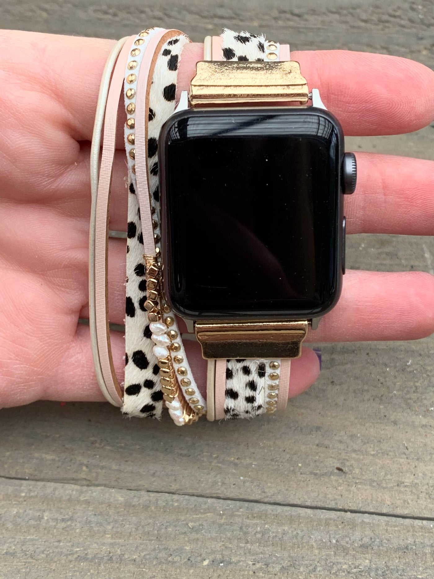 Cream Leopard Double Multi Strand Leather Smart Watch Bracelet