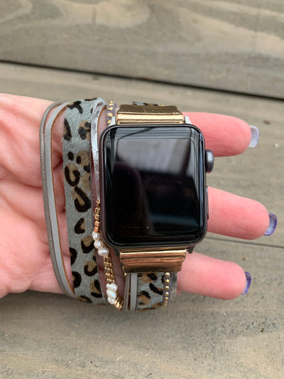 Grey Leopard Double Multi Strand Leather Smart Watch Bracelet
