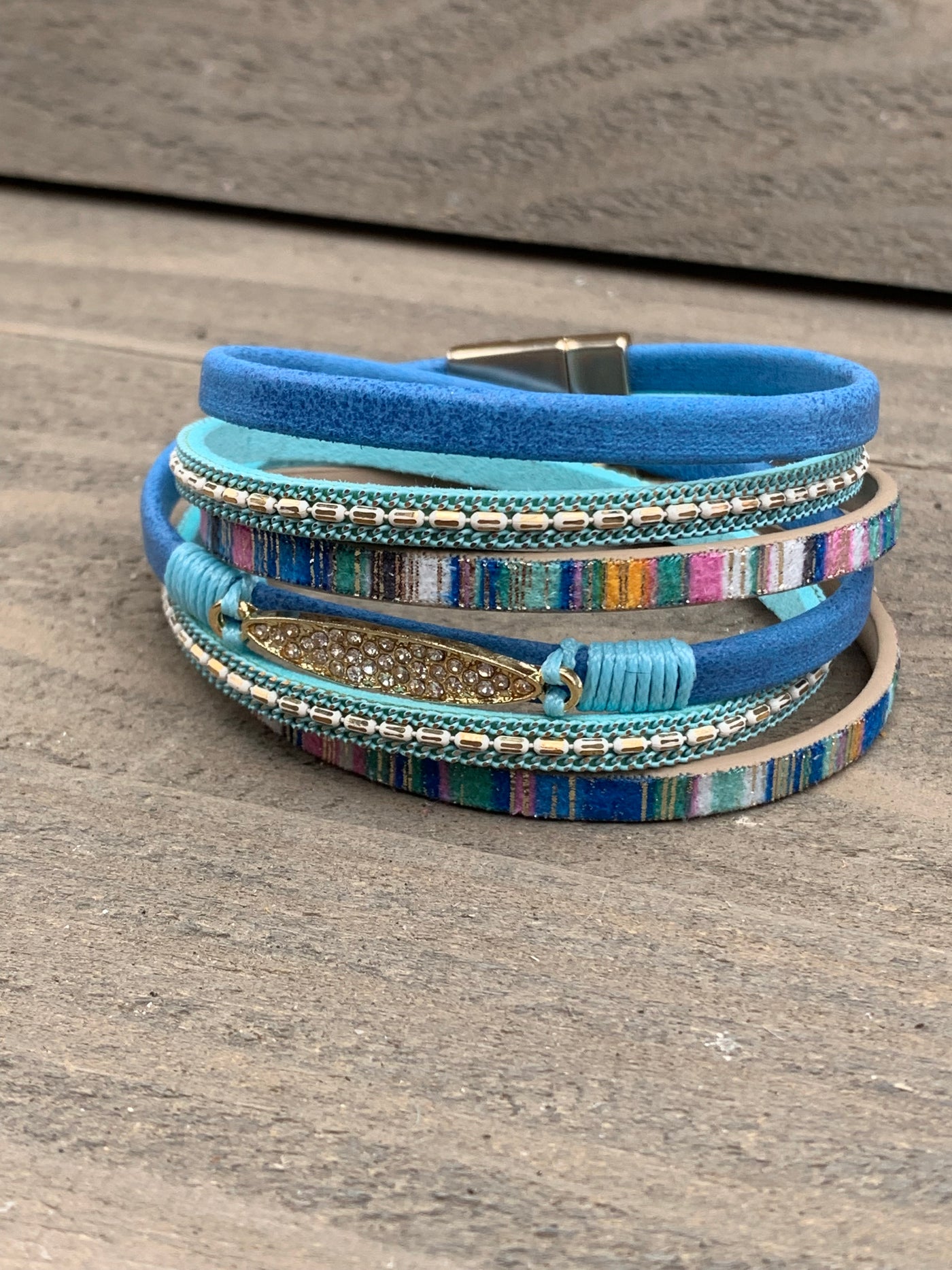 Blue Rhinestone Double Wrap Magnetic Bracelet
