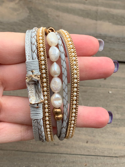 Grey Crystal Pearl Double Wrap Magnetic Bracelet