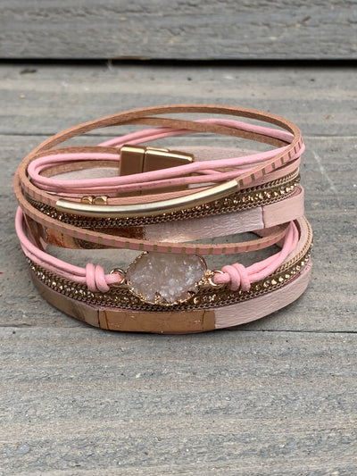 Pink Druzy Double Wrap Magnetic Bracelet
