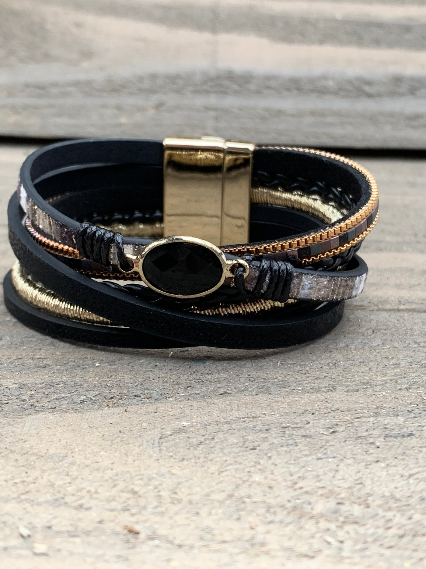 Black and Gold Gemstone Leather Magnetic Bracelet