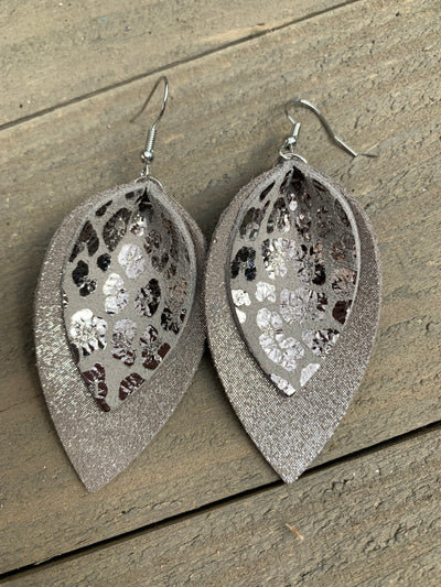 Silver Sparkle Leopard Leather Earrings