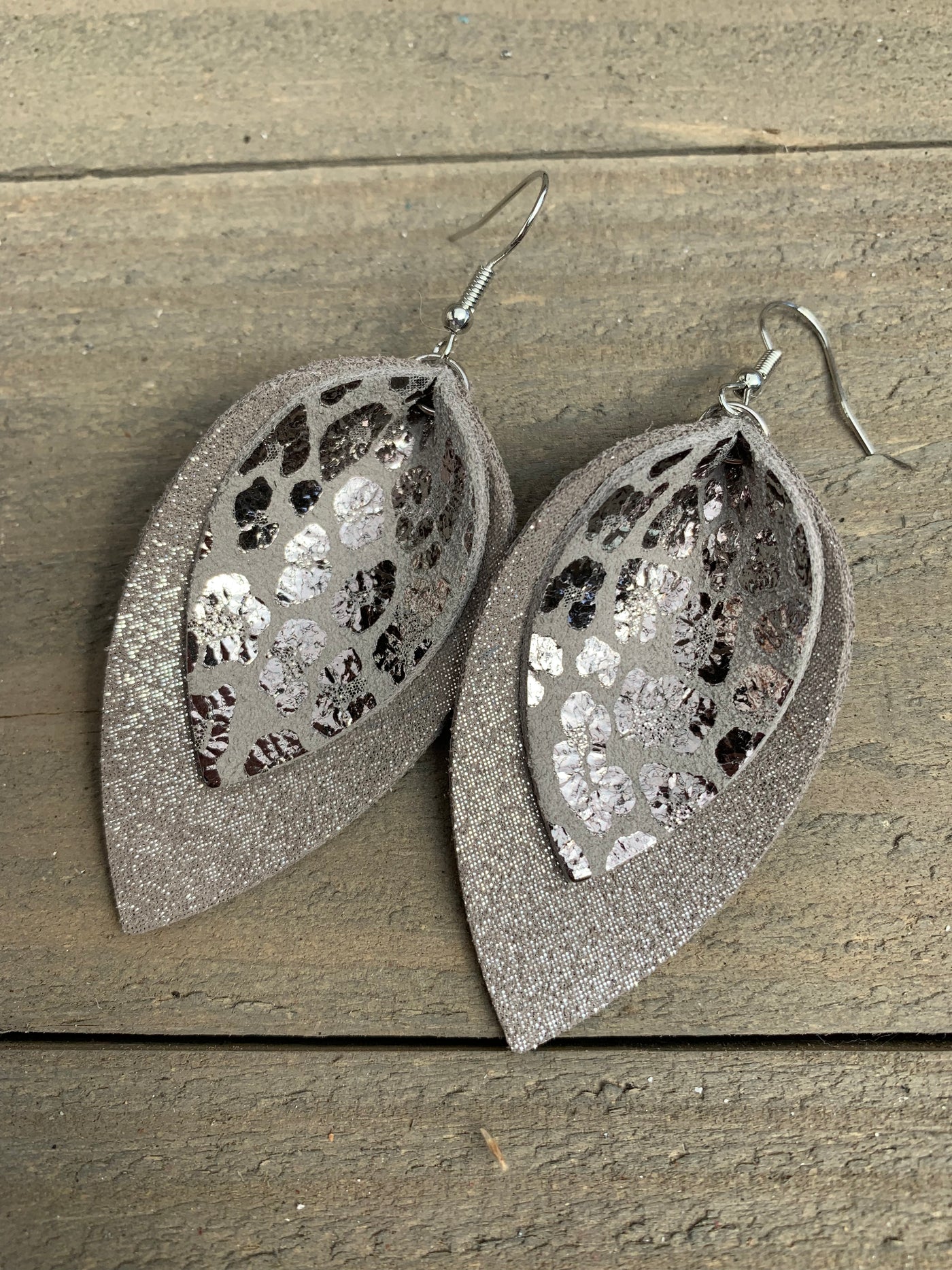 Silver Sparkle Leopard Leather Earrings