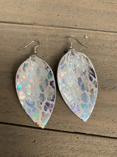 Holographic Silver Leopard Leather Earrings