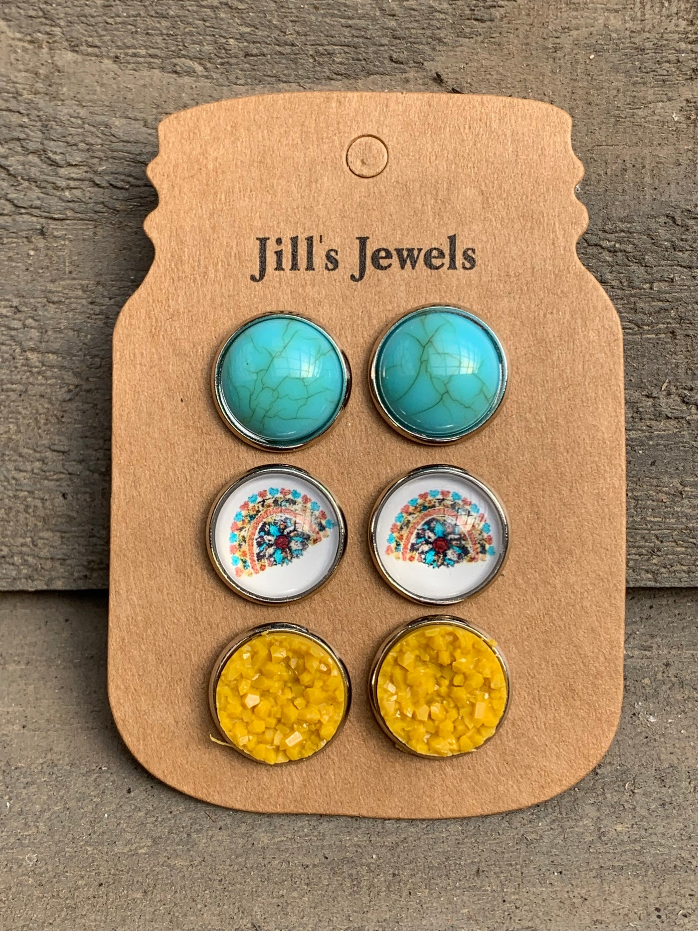 Turquoise and Mustard Rainbow Faux Druzy Earring 3 Set