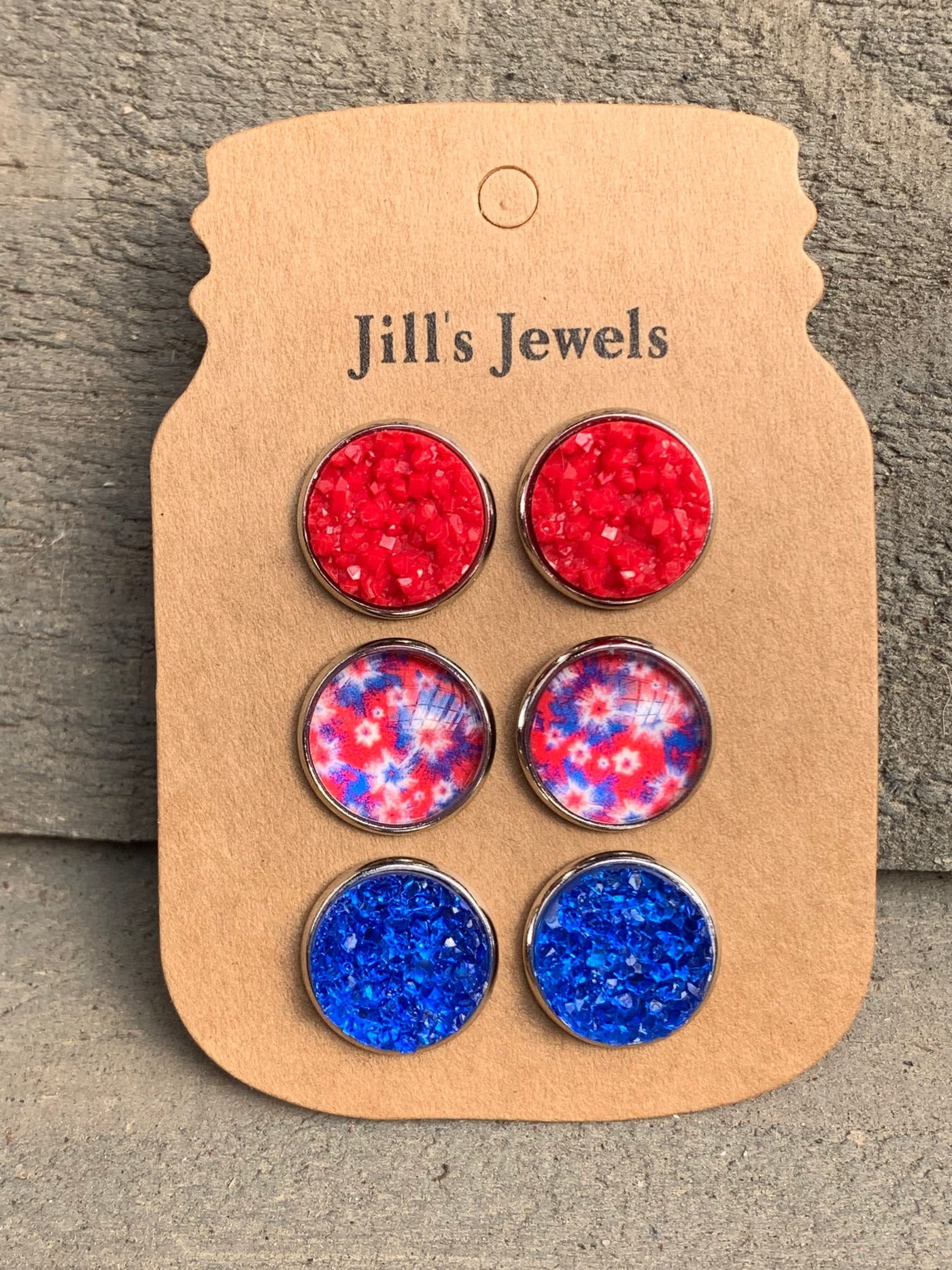Red White and Blue Firework Faux Druzy Earring 3 Set