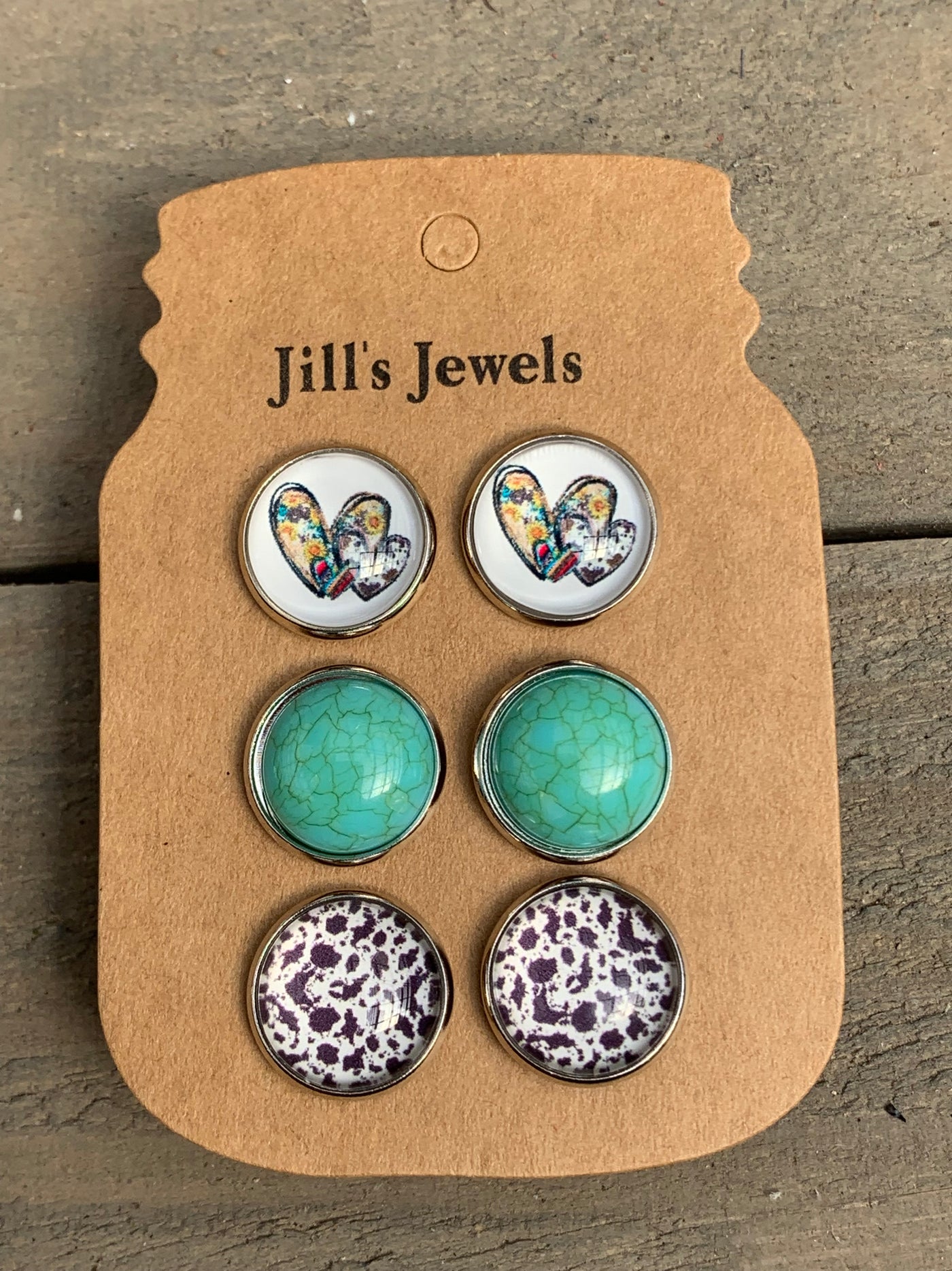 Turquoise and Cow Print Heart Faux Druzy Earring 3 Set