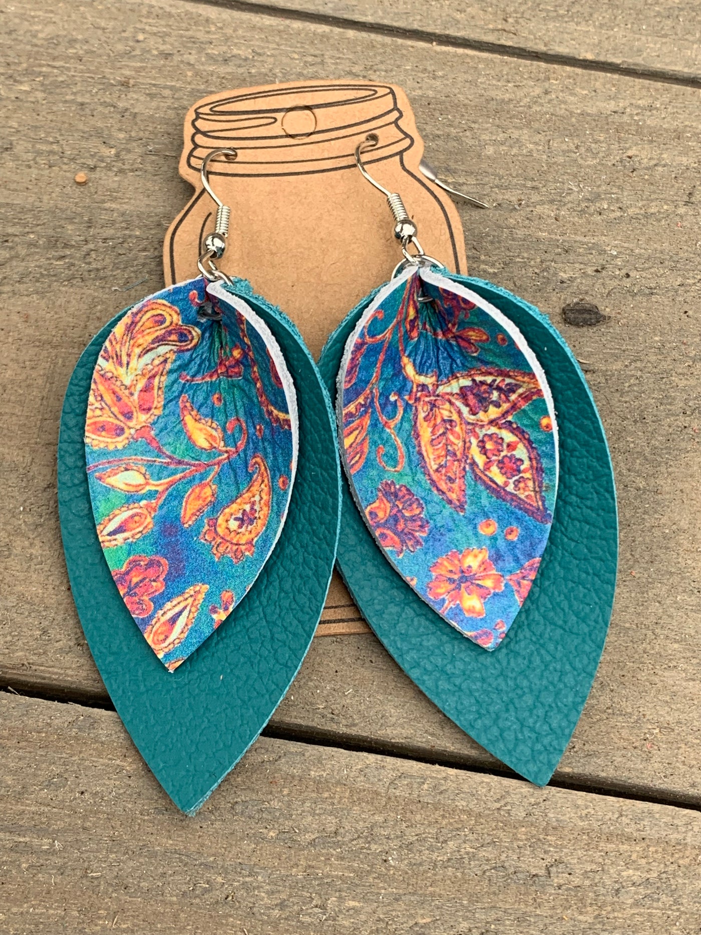 Teal and Blue Paisley Leather Earrings