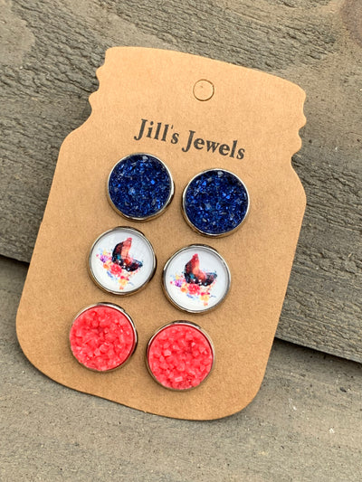 Blue and Coral Chicken 3 Earring Trio Set