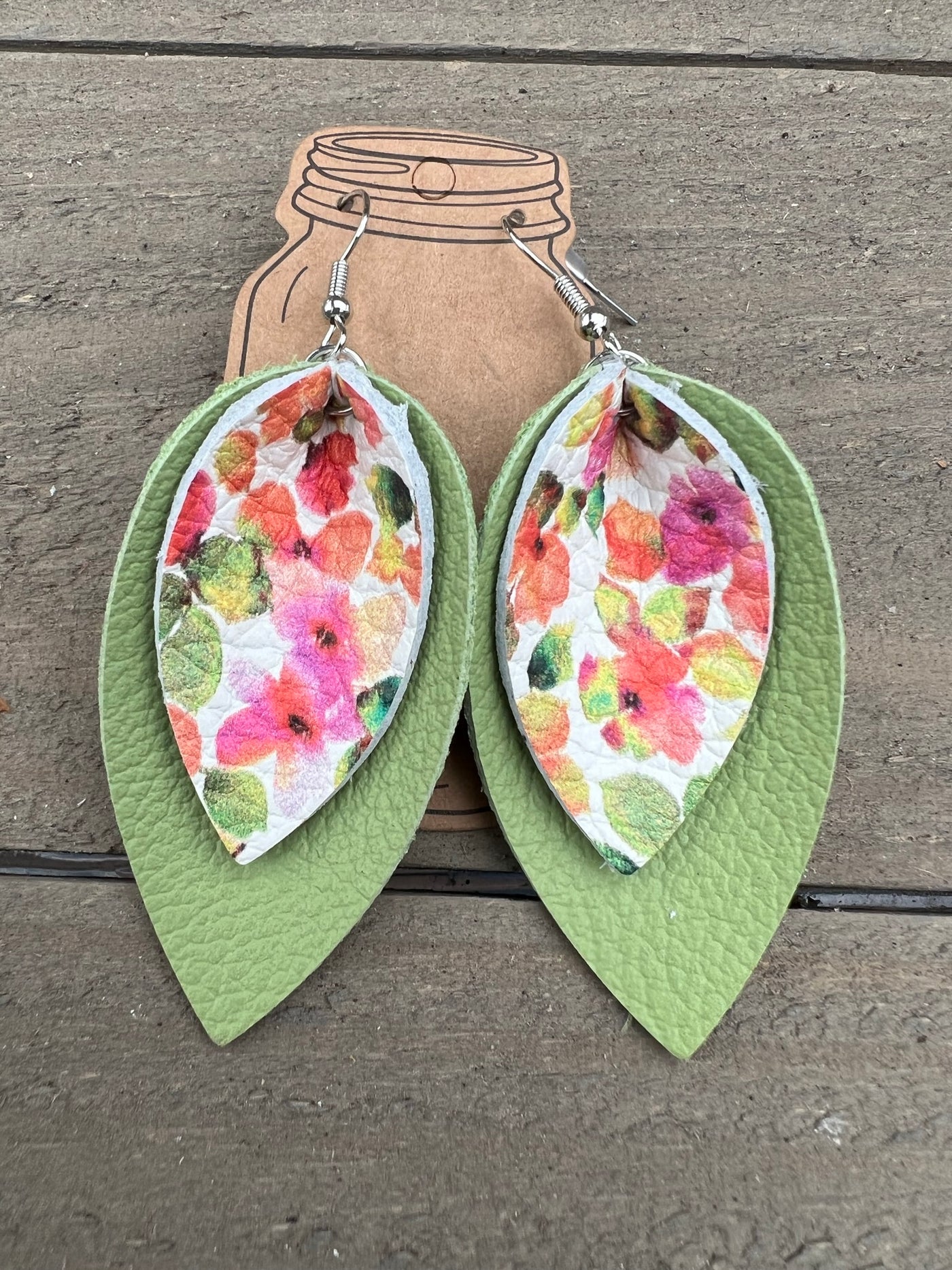 Spring Green Floral Leather Earrings