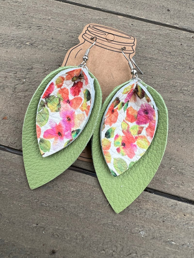 Spring Green Floral Leather Earrings