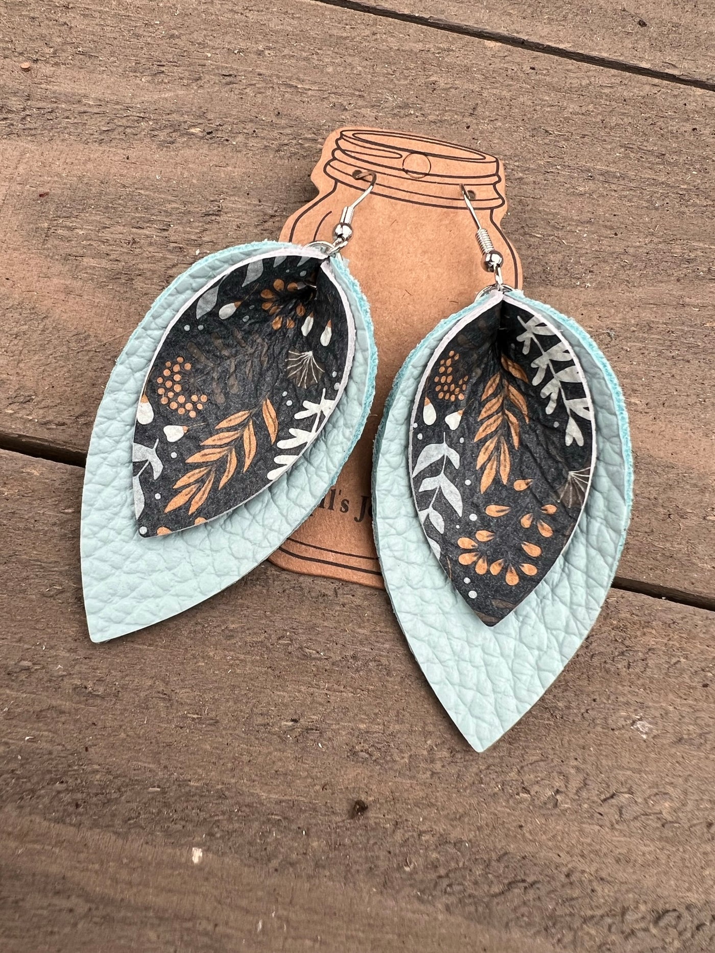 Baby Blue and Mustard Floral Leather Earrings
