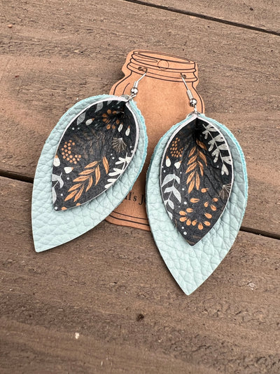 Baby Blue and Mustard Floral Leather Earrings