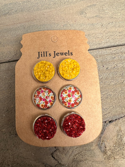 Fall Floral Red and Yellow Faux Druzy Earring 3 Set