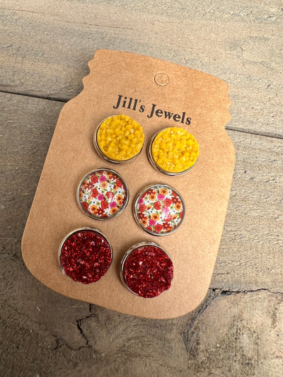 Fall Floral Red and Yellow Faux Druzy Earring 3 Set