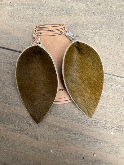 Olive green hair on leather earring