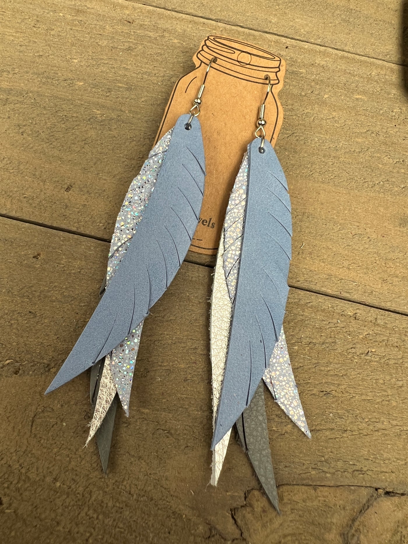 Light Blue Stacked Fringe Feather Earrings
