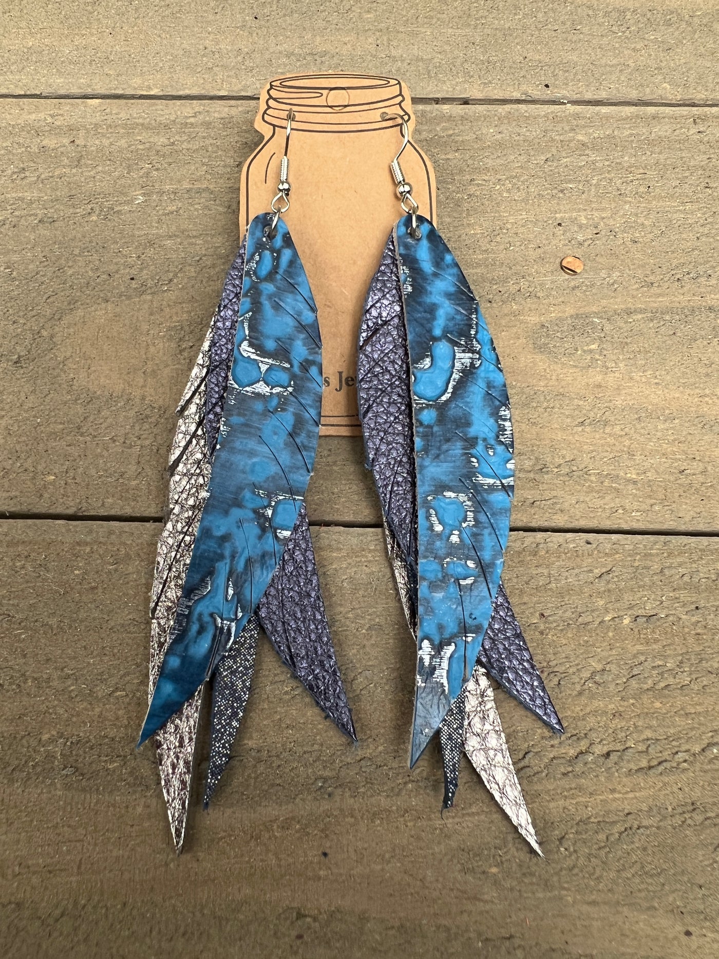 Rustic Blue Stacked Fringe Feather Earrings