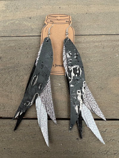 Black and Silver Stacked Fringe Feather Earrings