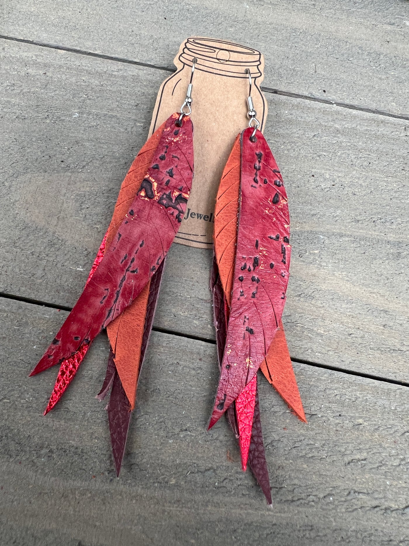 Red and Orange Stacked Fringe Feather Earrings