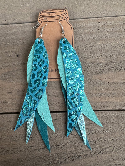 Turquoise Leopard Stacked Fringe Feather Earrings