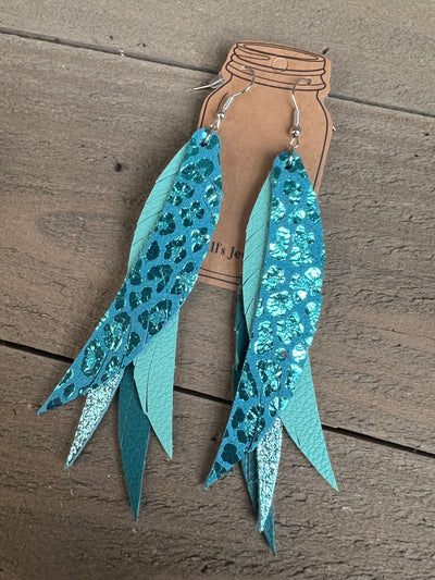 Turquoise Leopard Stacked Fringe Feather Earrings