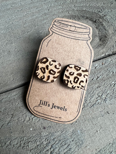 Square Leopard Wood Stud Earrings