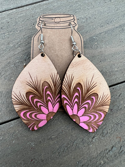 PinkFloral Engraved Wooden Earrings